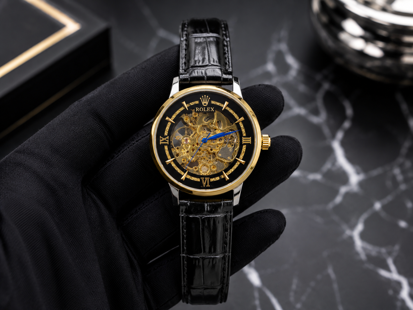 Luxury Skeleton Automatic Style Watch – Black Leather Strap | Gold Dial | Premium Men's Watch