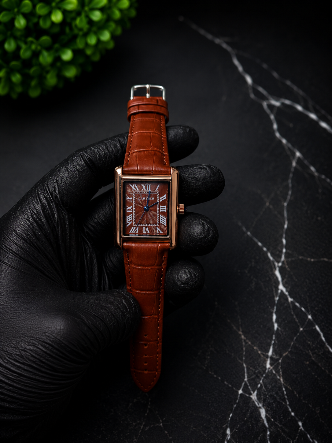 AYVI Rectangular Brown Leather Rectangular Watch – Rose Gold Case | Roman Dial | Premium Men's Watch