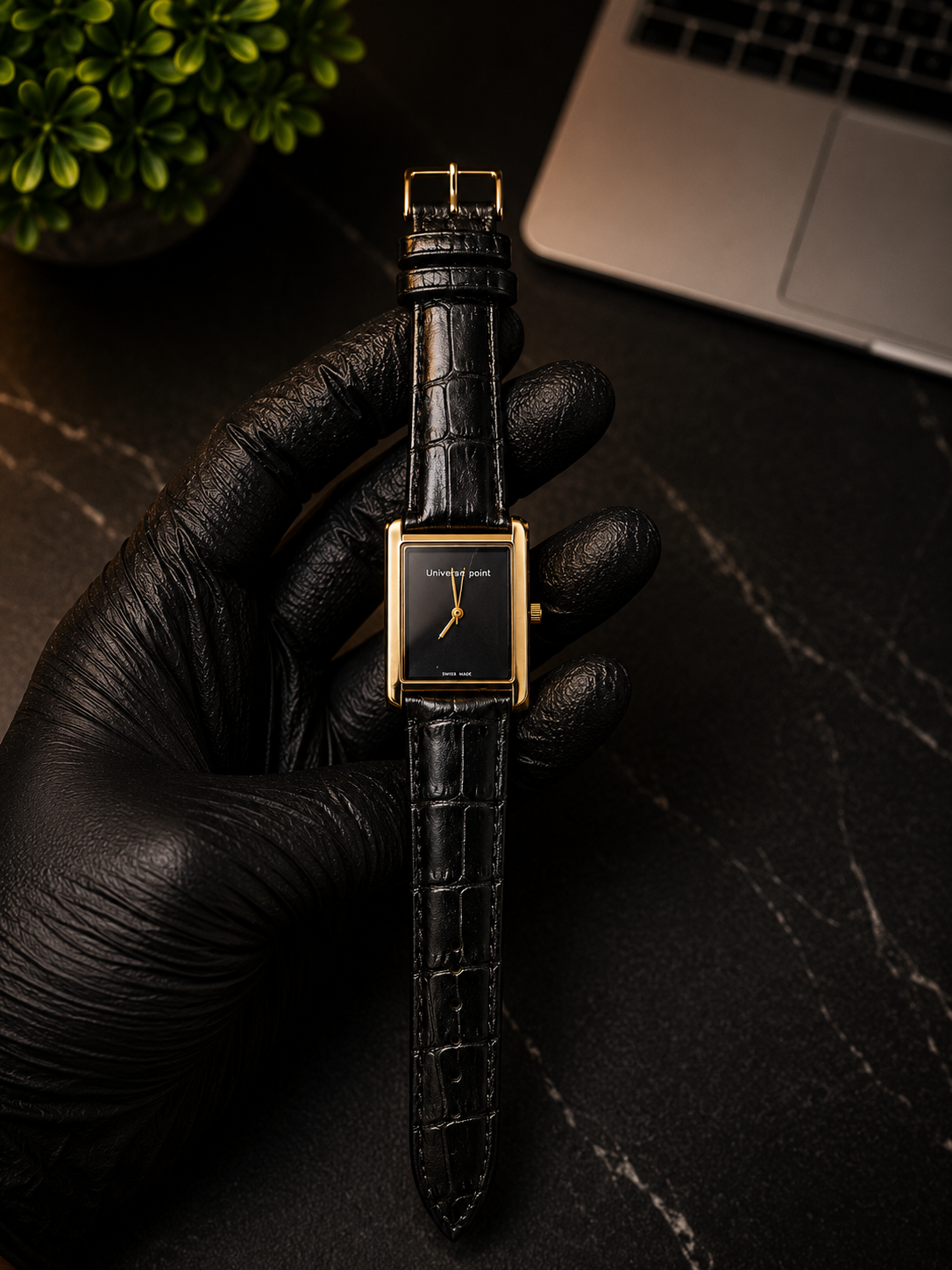Universe Point Black Dial Leather Strap Watch – Gold Case | Minimalist Rectangular Men's Watch