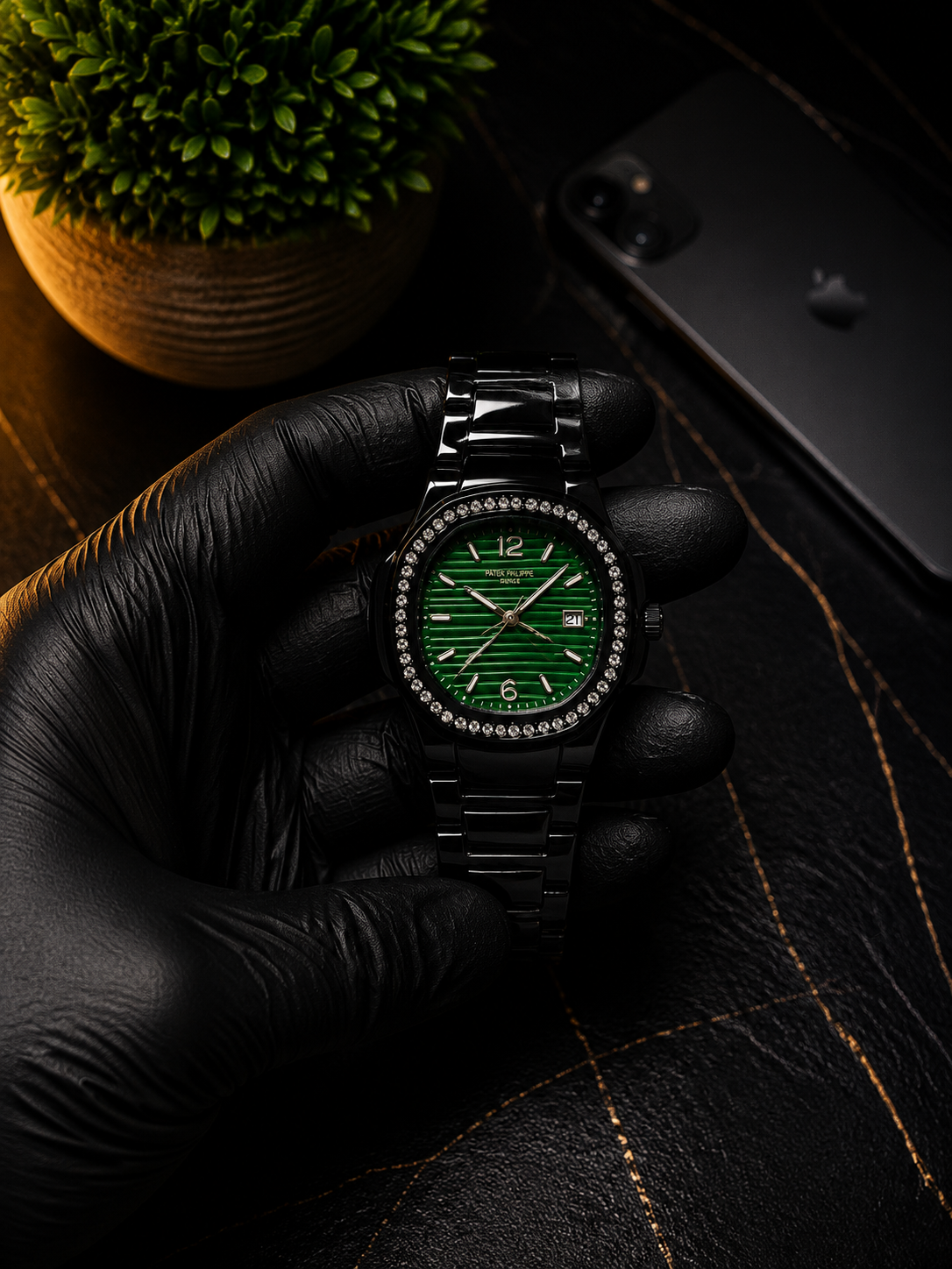Patek Philippe - Luxury Green Dial Crystal Bezel Watch – Black Stainless Steel | Premium Men's Watch
