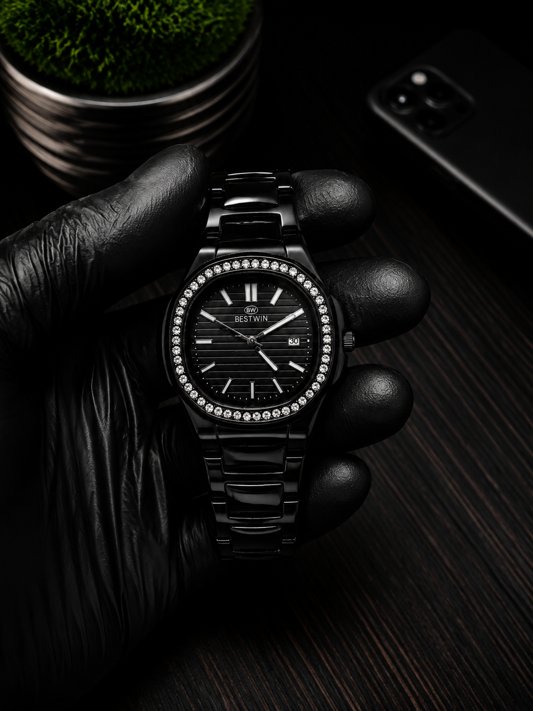 BESTWIN Black Crystal Bezel Watch – All Black Stainless Steel | Date Display | Premium Women's Watch