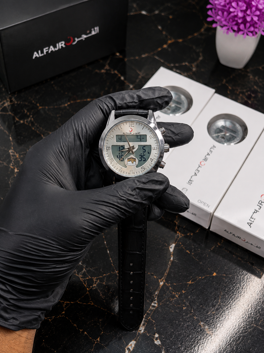 ALFAJR Analog Digital Watch – Black Leather Strap | Arabic Dial | Dual Display | Premium Men’s Watch
