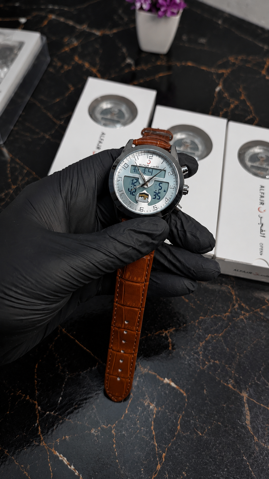 ALFAJR Analog Digital Watch – Brown Leather Strap | Arabic Dial | Dual Display | Premium Men’s Watch