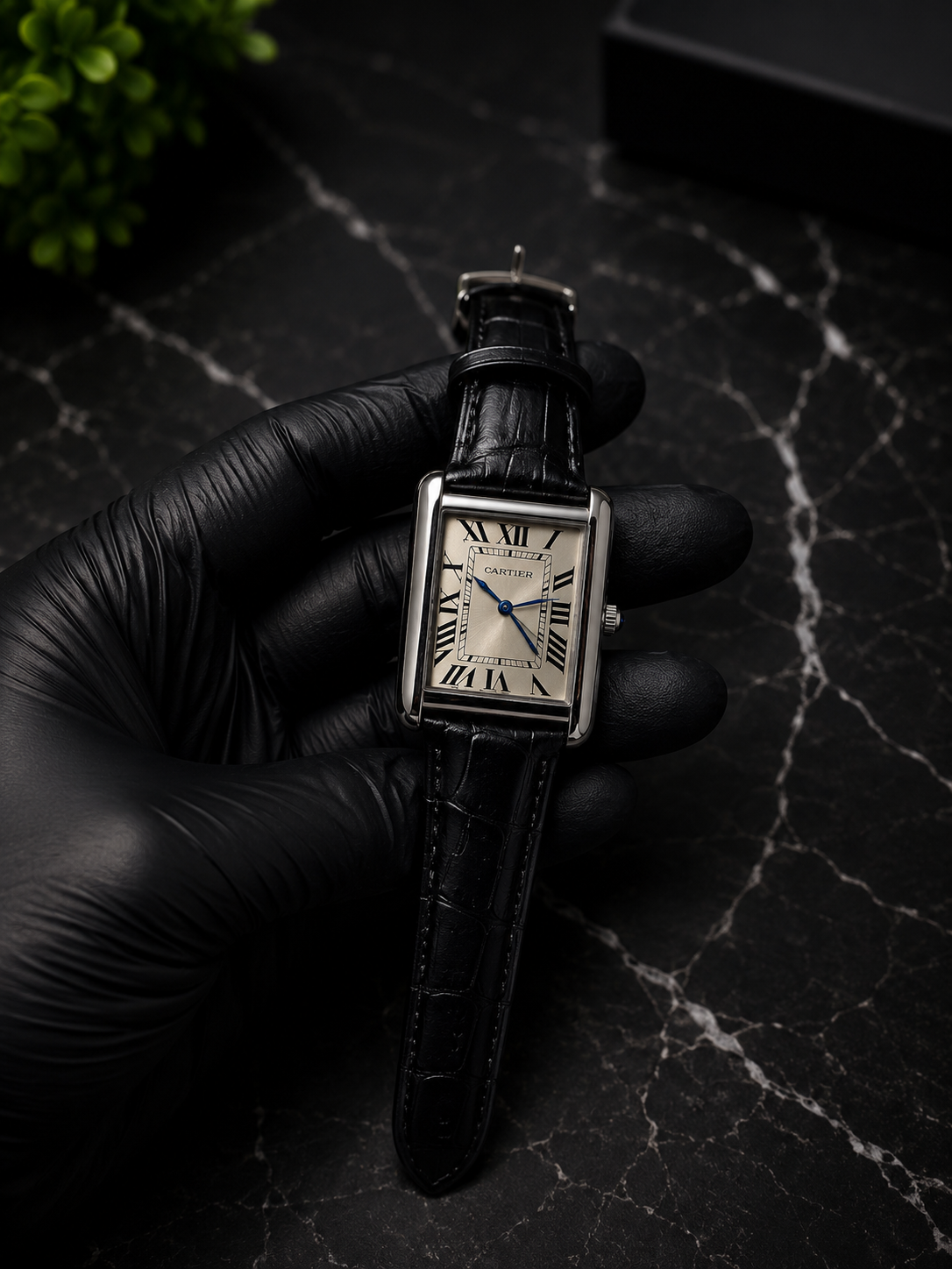 AYVI Rectangular Silver Dial Rectangular Watch with Black Leather Strap & Roman Numerals