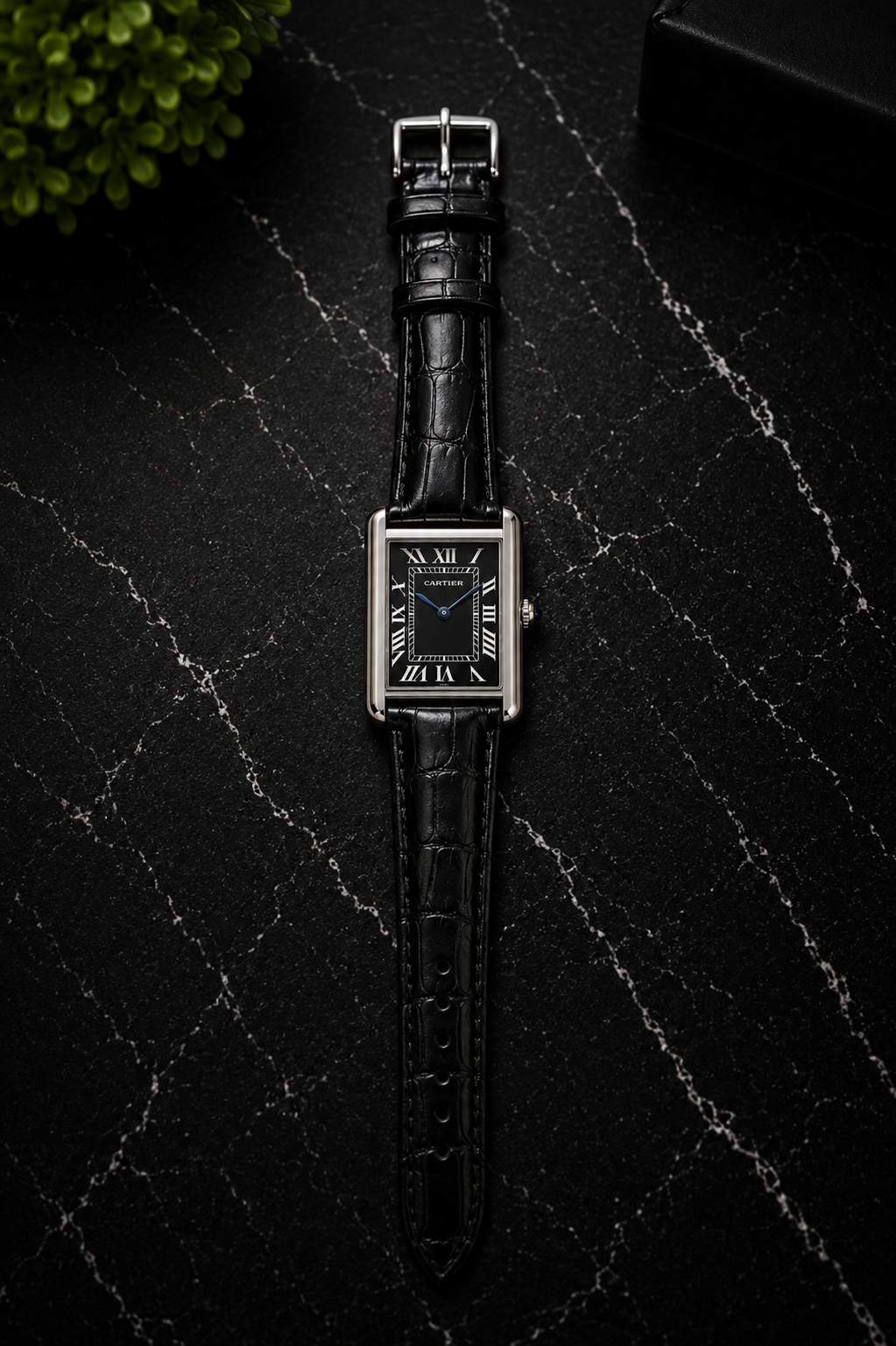 AYVI Rectangular Black Dial Silver Rectangular Watch with Black Leather Strap
