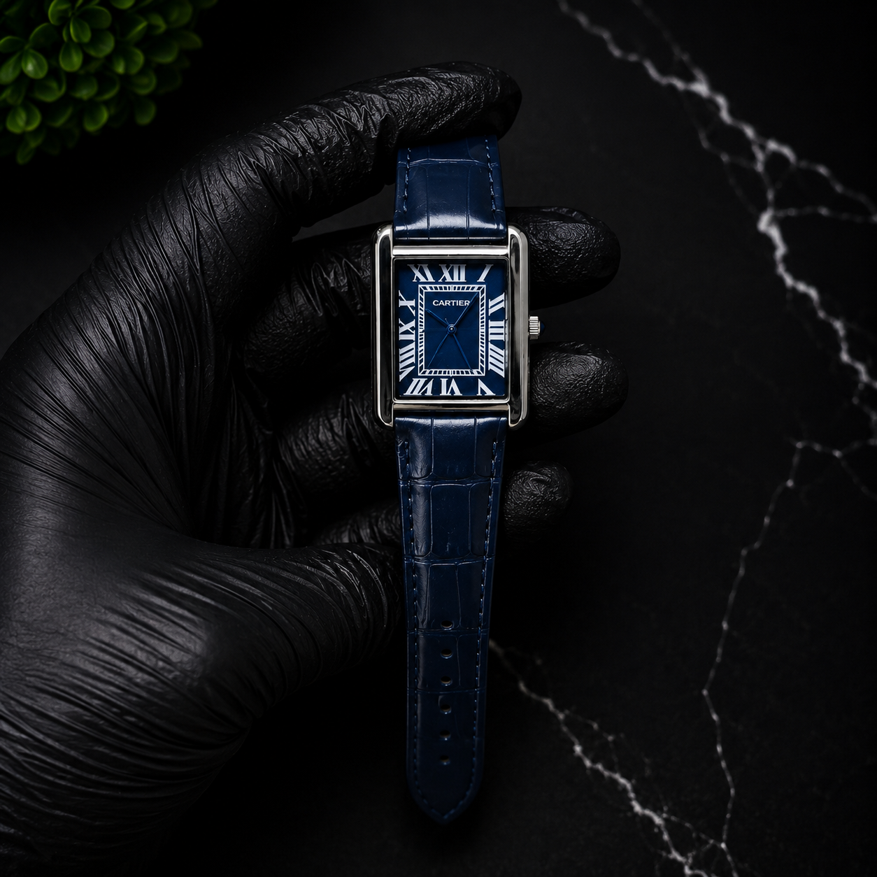 AYVI Rectangular Navy Blue Dial Silver Rectangular Watch with Navy Blue Leather Strap