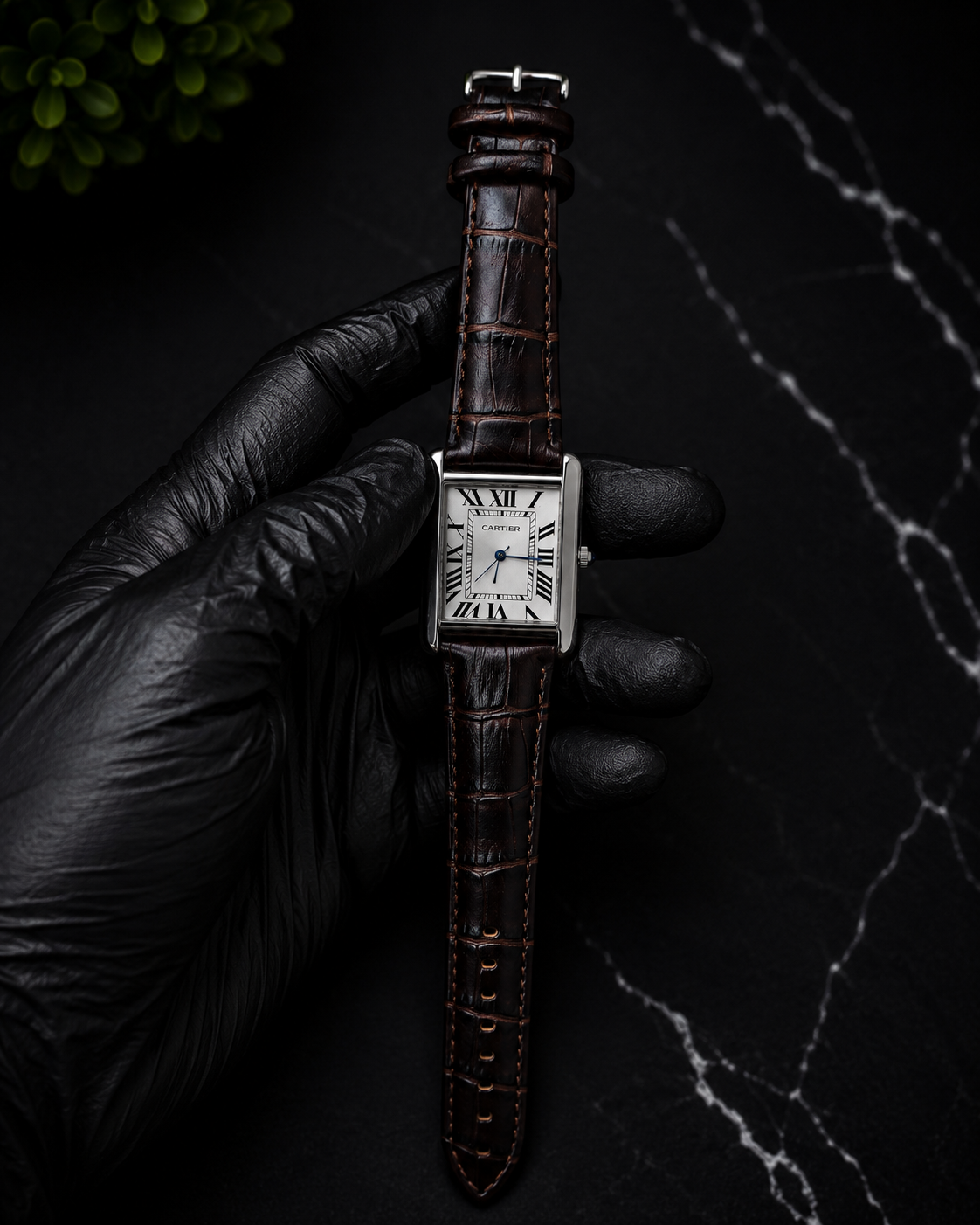 AYVI Rectangular Silver Dial Roman Numeral Watch – Brown Leather Strap